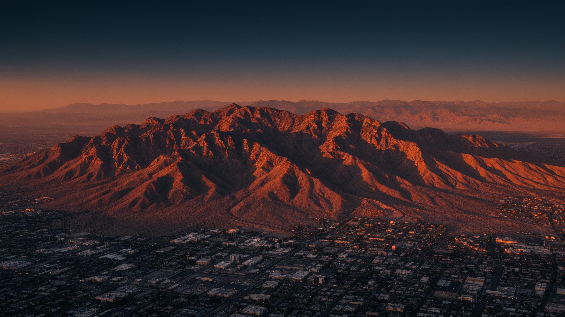 Aerial view of the Franklin Mountains over El Paso at golden hour